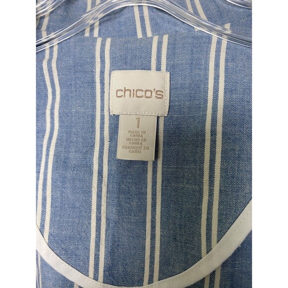 Chico's Open Blazer Jacket Womens Size 1 White Blue Stripe Rolled Sleeves Pocket - Picture 10 of 15